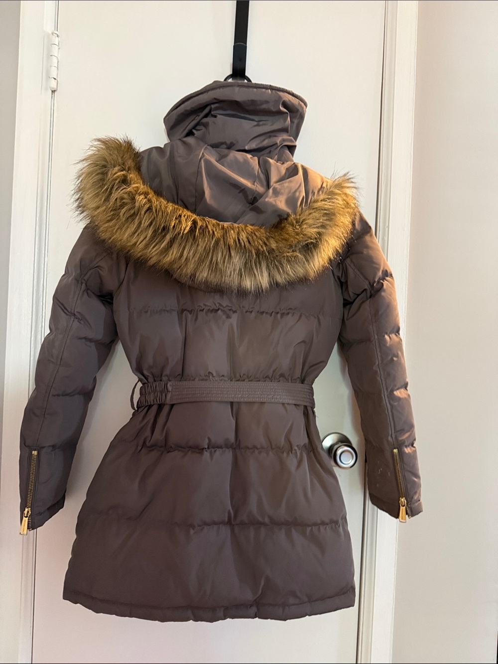 Michael Kors Authentic Quilted Belted Puffer Coat with Faux-Fur Trim